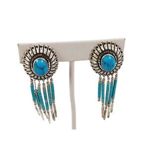 Silver Cloud Inc. Sterling Silver Concho Turquoise Fringe Clip Earrings